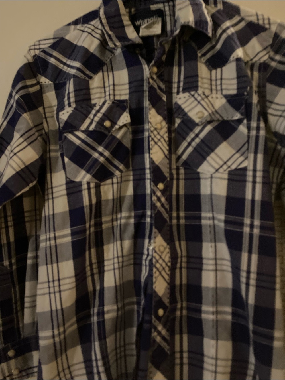 Wrangler Blue and White Plaid Button-Up Shirt